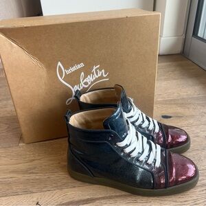Christian Louboutin Patent Leather Colorblock Pattern High Top Sneakers
